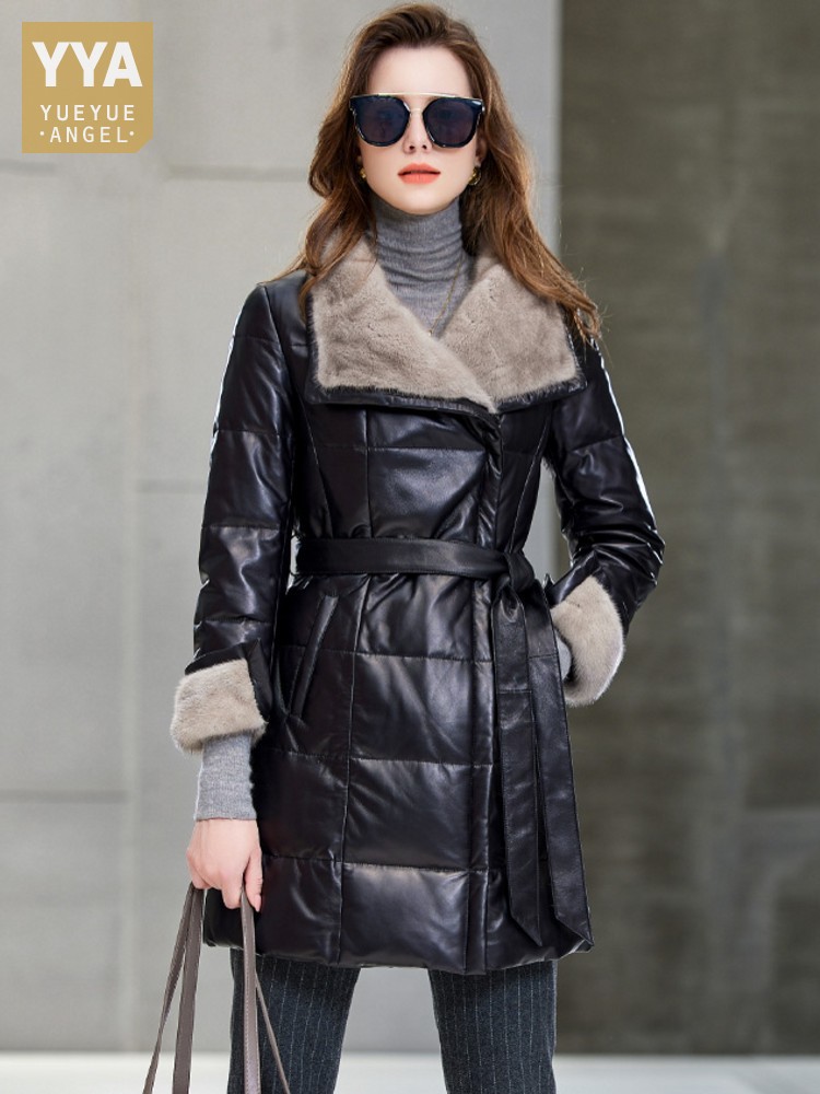 Leather Work Jacket Women'S - Elegante piumino da donna in pelliccia